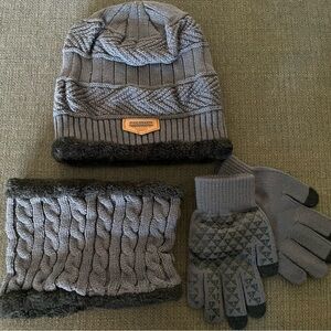 Gray Knit Hat, Scarf, and Gloves Set